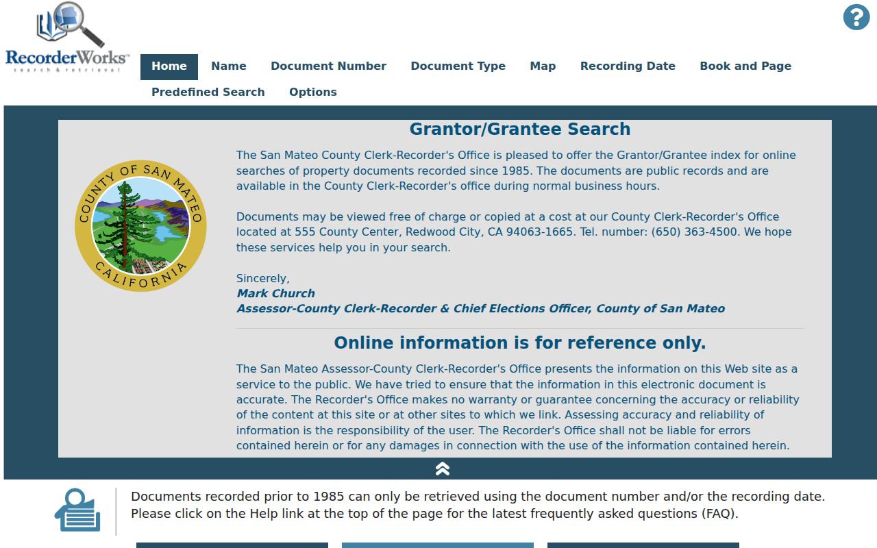 Millbrae street directory RecorderWorks grantor-grantee index
